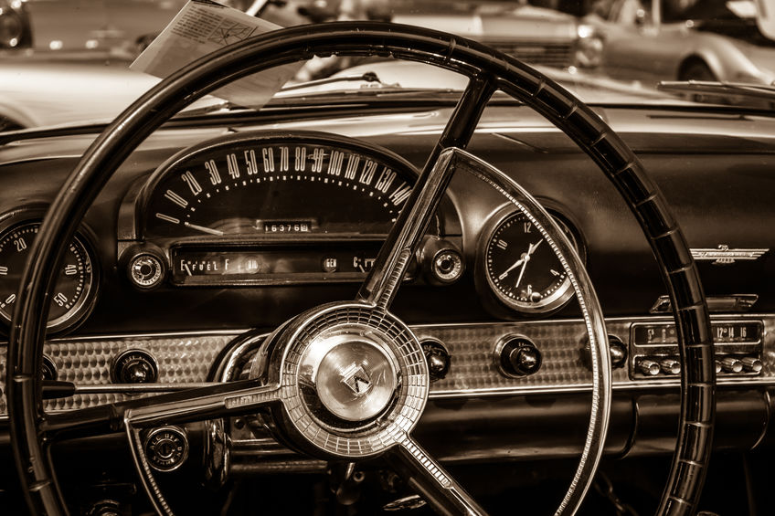 BERLIN, GERMANY - MAY 17, 2014: Cabin of the personal luxury car Ford Thunderbird (first generation). Sepia. 27th Oldtimer Day Berlin - Brandenburg